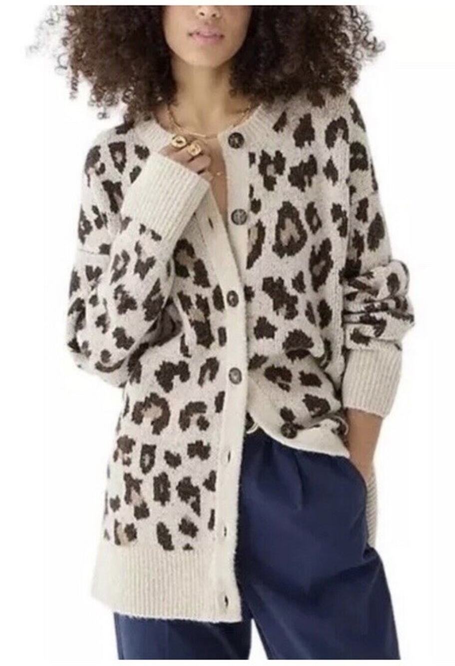 J. Crew Oversized Cardigan Sweater S Leopard Print BJ572 Oversized Wool Alpaca